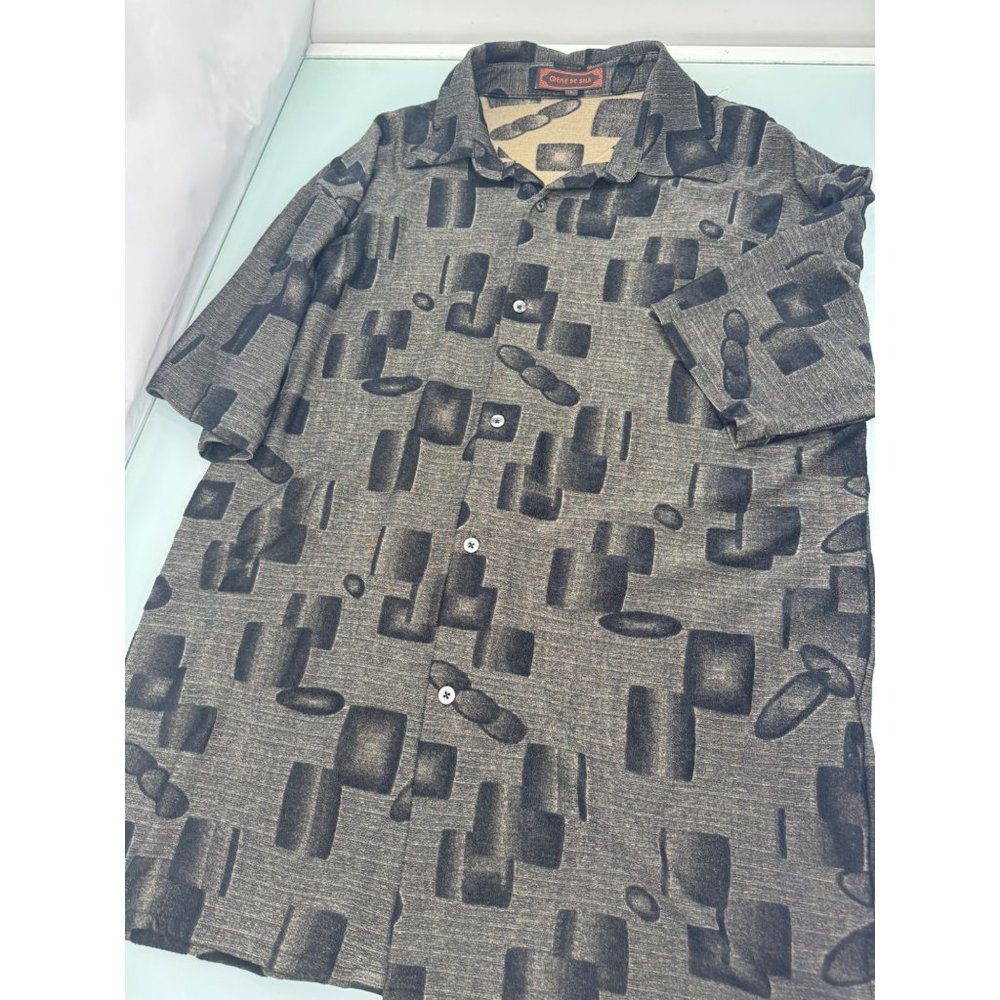 Creme De Silk Men Shirt Silk Blend Velour Velvet Geometric Print Black Large L
